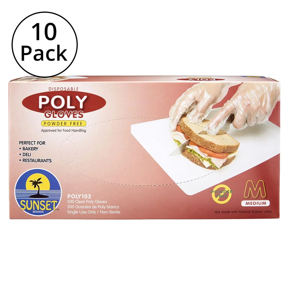 Sunset Brands Disposable Poly Food Service M Gloves, 500 ct, 10-Pack