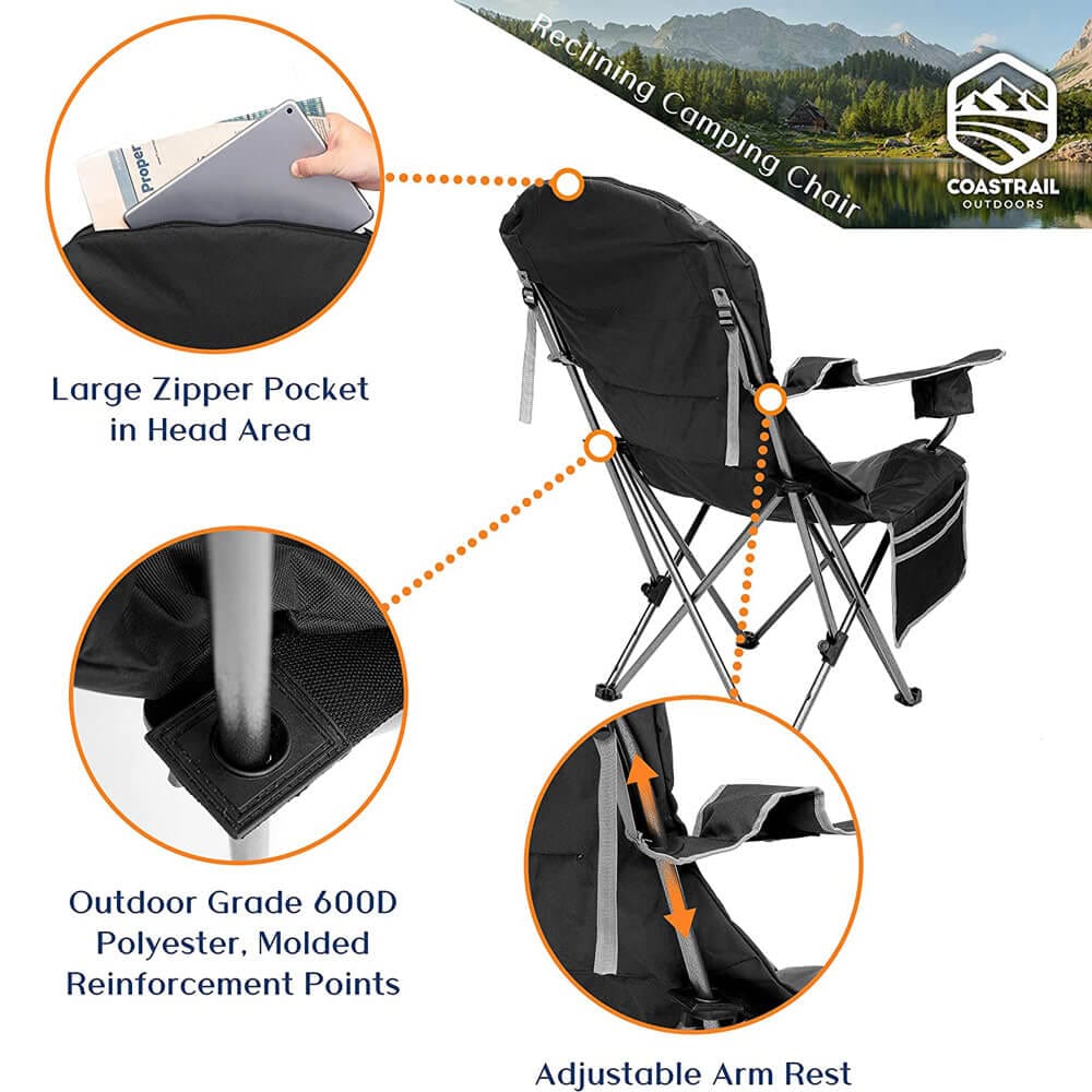 Coastrail Outdoor 3-Position Reclining Camp Chair with Cup Holders, Black/Gray