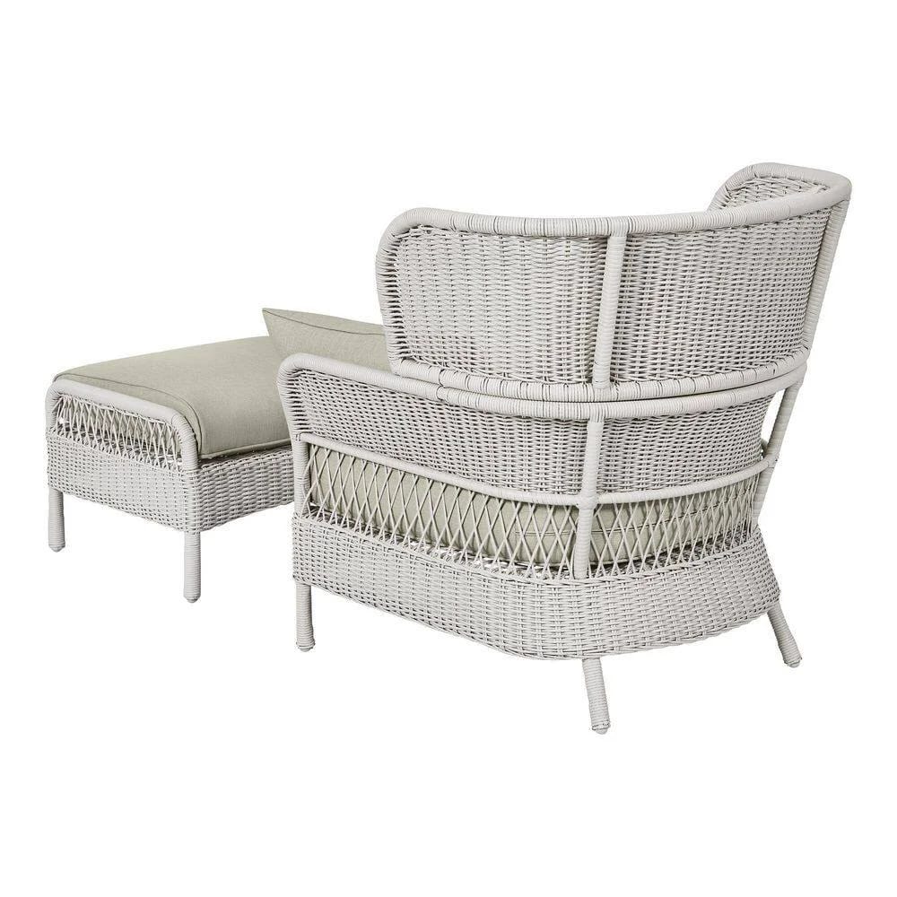 Hampton Bay Pinecroft French Linen 2-Piece Wicker Outdoor Lounge Chair and Ottoman, White/Tan