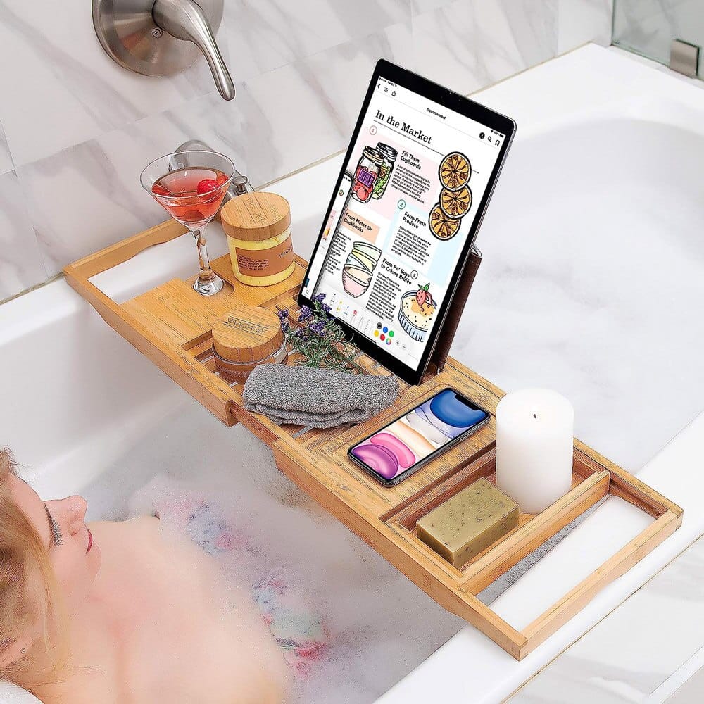 Homemaid Living Luxury Expandable Bamboo Bathtub Tray, Natural