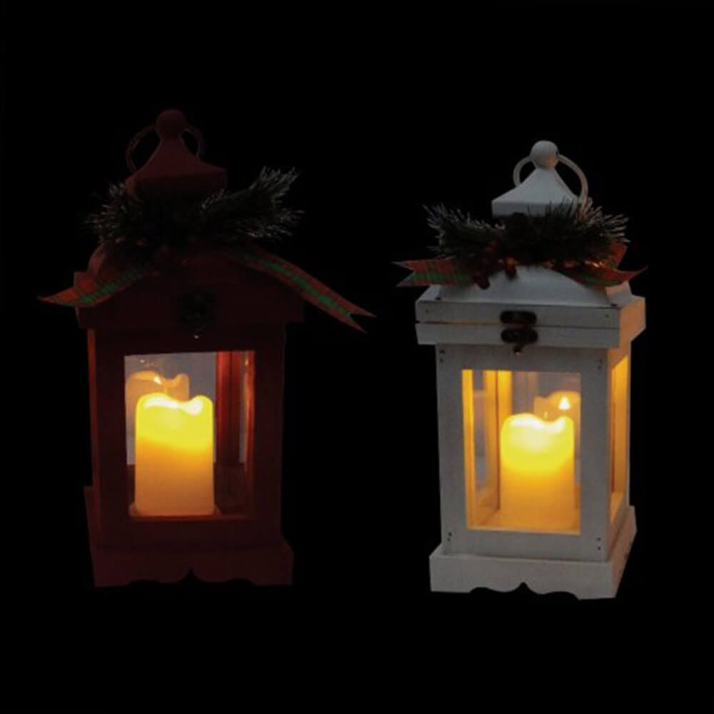 Alpine 14" Rustic Lantern with Warm White LED Candle, Set of 2, Red/White