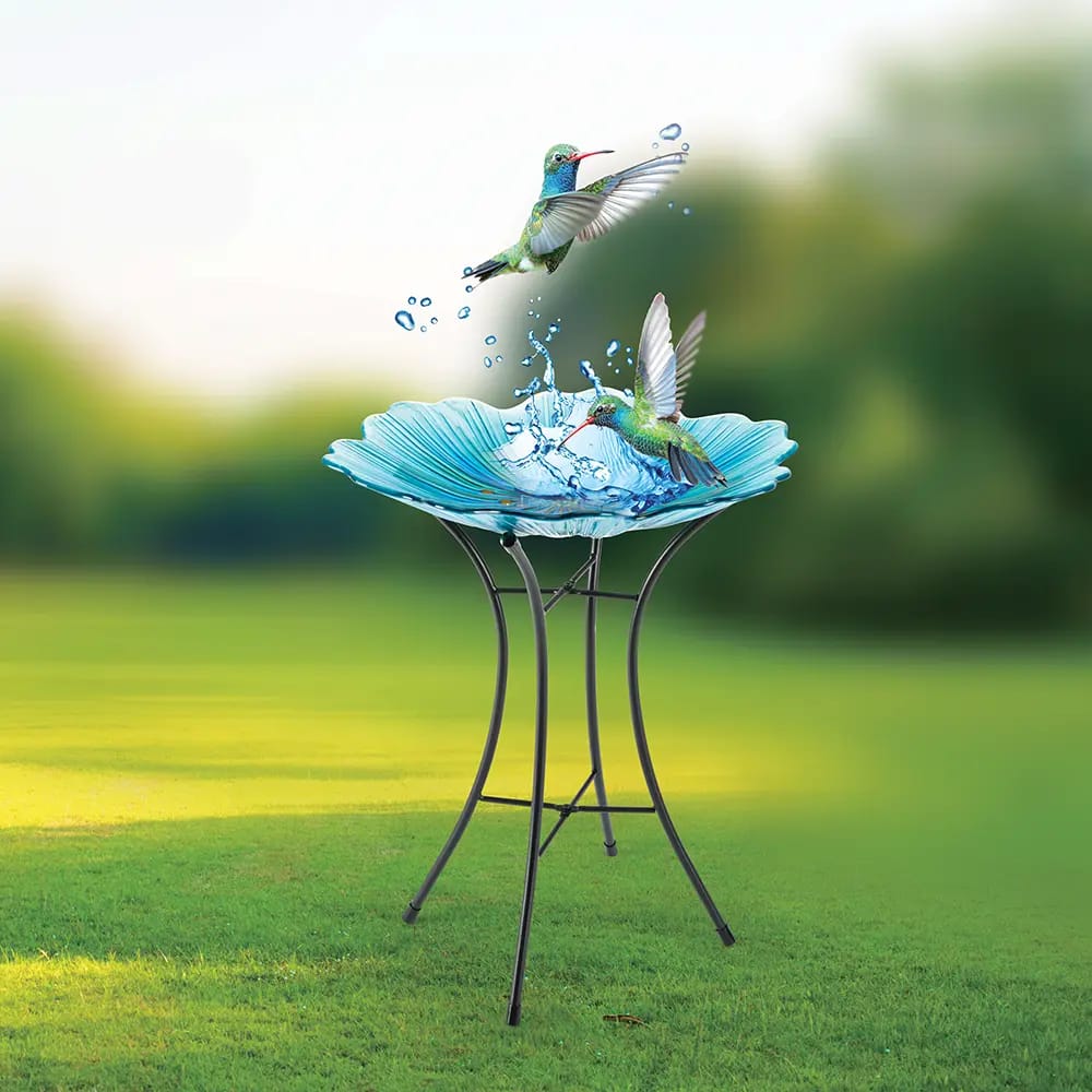 Blue Flower Glass Bird Bath, 16"