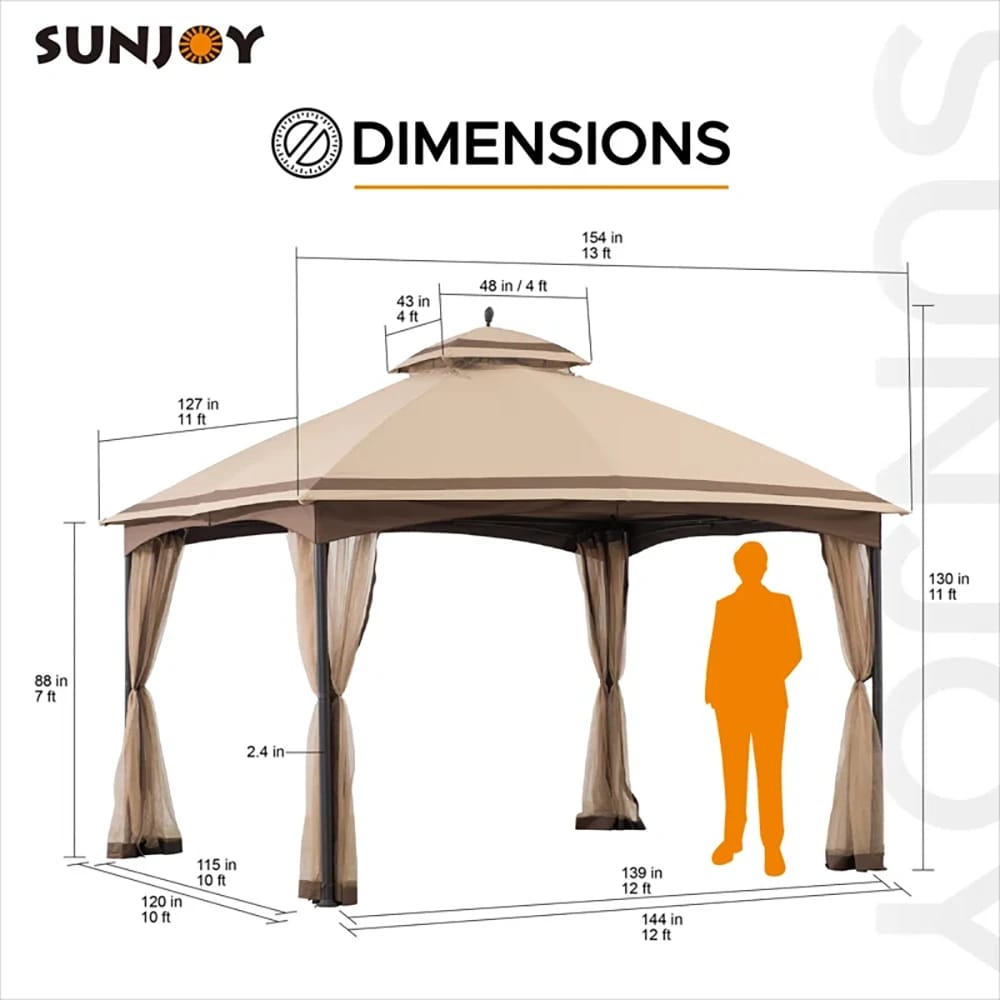 Sunjoy Metal Soft Top 2-Tier Steel Gazebo, 12.8' x 10.5', Tan/Brown