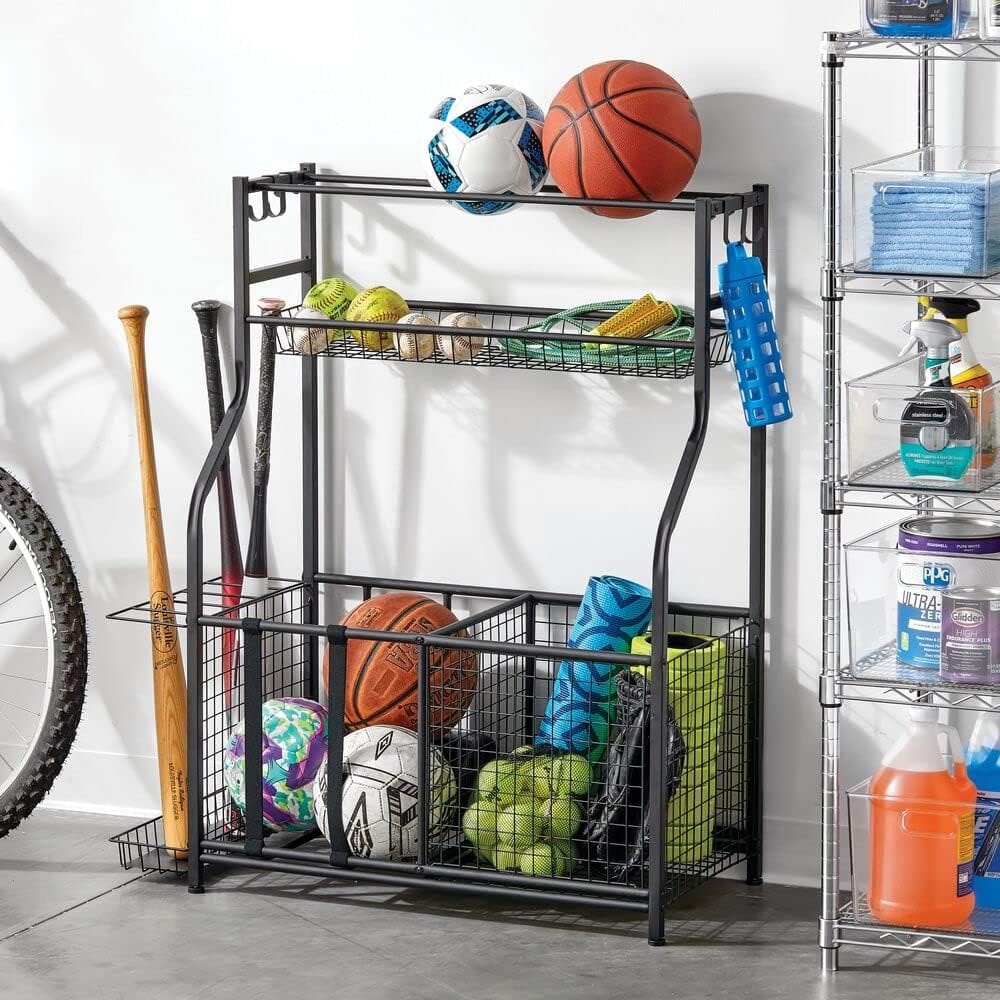 mDesign Metal Garage Sports Storage Rack, Black