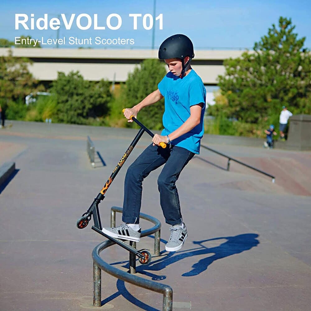 RideVOLO Pro Stunt Scooter with Ultra Wide Aluminum Deck, Orange/Black