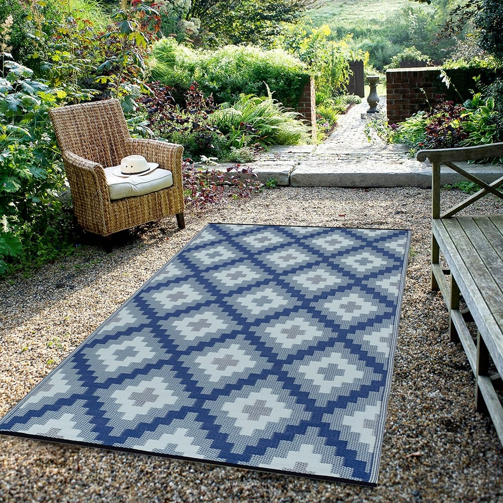 FH Home Reversible Outdoor Area Rug, 5' x 8', Aztec Kilim-Blue Multi