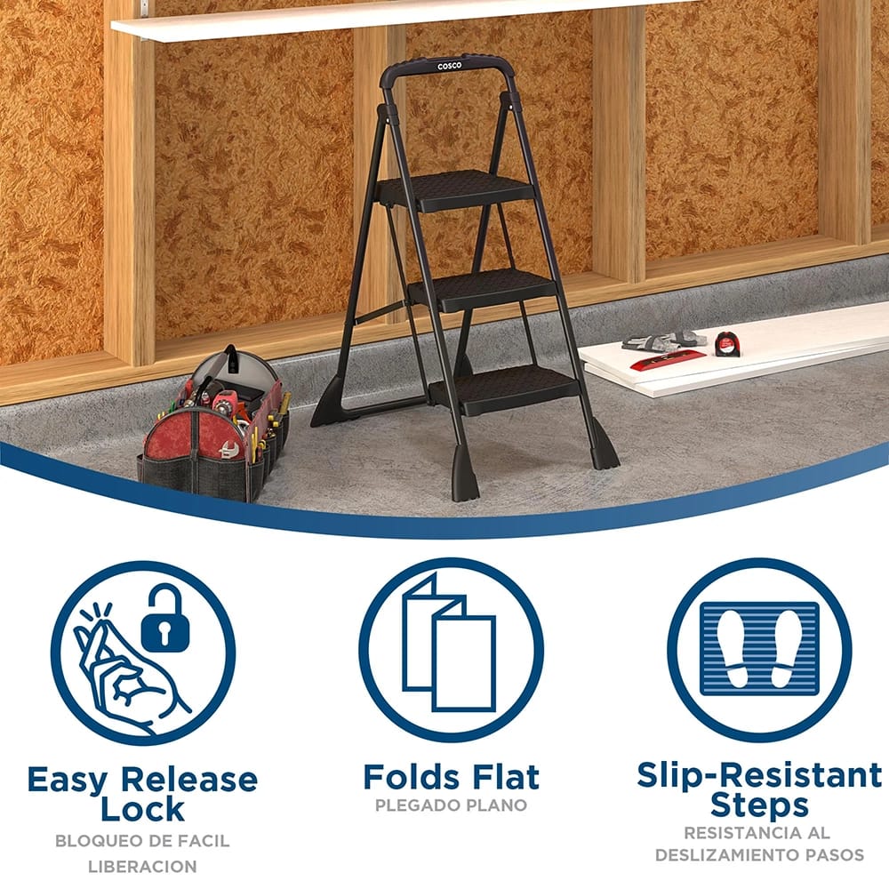 Cosco 3-Step Folding Step Stool with Top Cap, Black