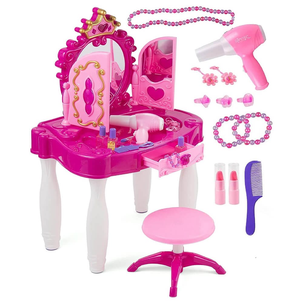 Prextex Girl's Princess Makeup Table with Mirror, Chair, and Accessories