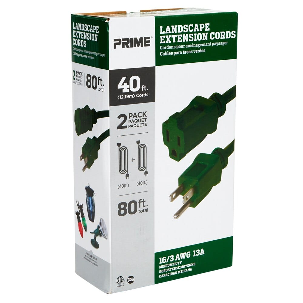 Prime 40 16/3 Medium Duty Landscape Extension Cord, Green, 2-pk