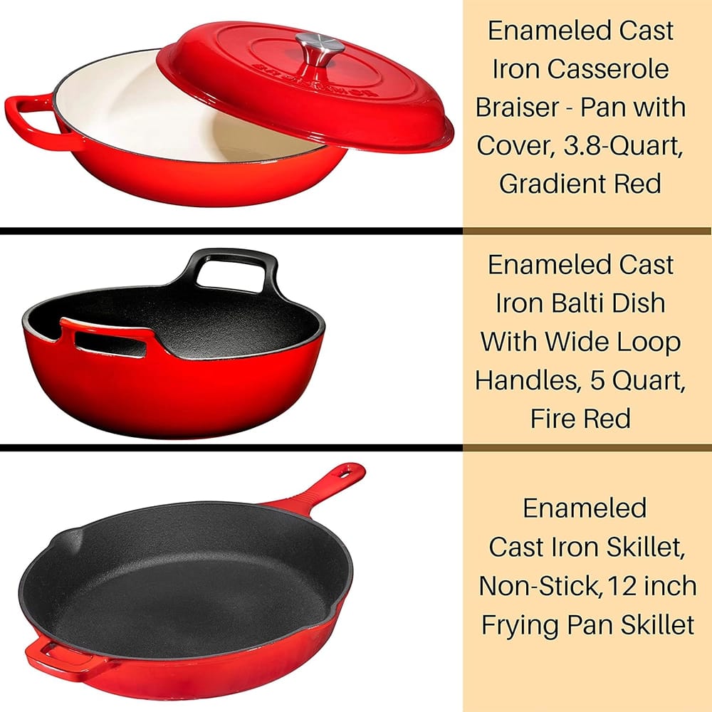 Bruntmor 3-Piece Cast Iron Enameled Cookware Set, Red