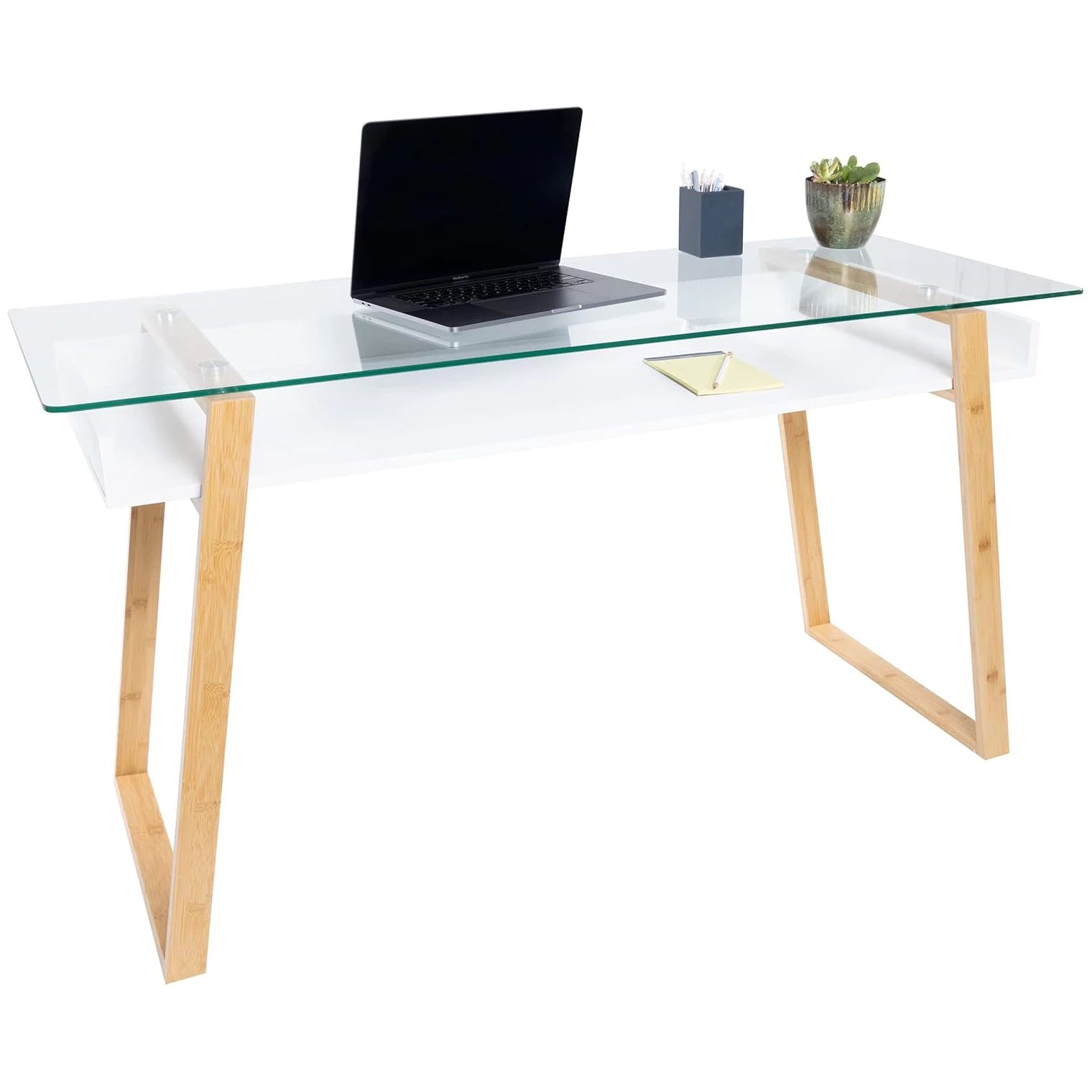 bonVIVO 55" Modern Computer Desk with Glass Top, White