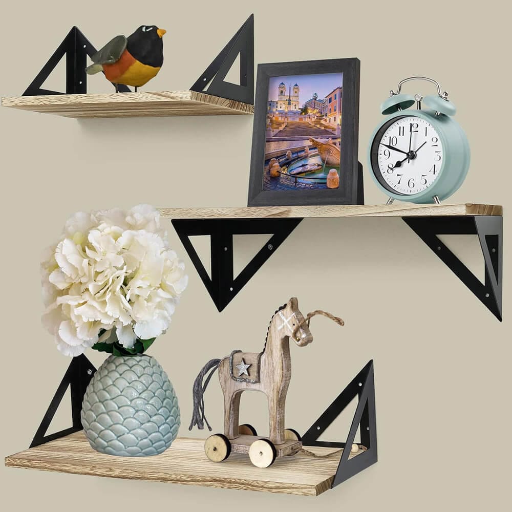 Greenco Wall-Mounted Floating Shelves with Triangle Brackets, Set of 3, Rustic Brown/Black