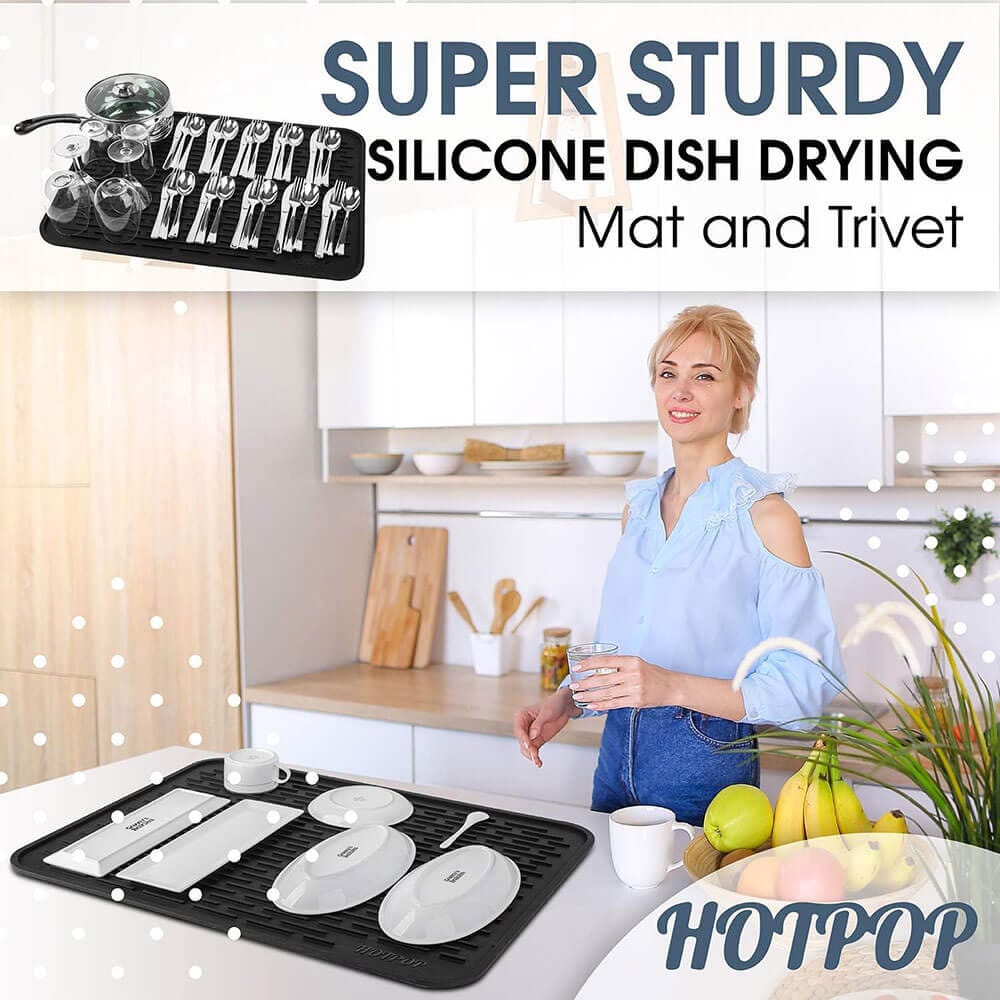 HOTPOP Medium 16" x 12" Super Sturdy Silicone Dish Drying Mat & Trivet, Black