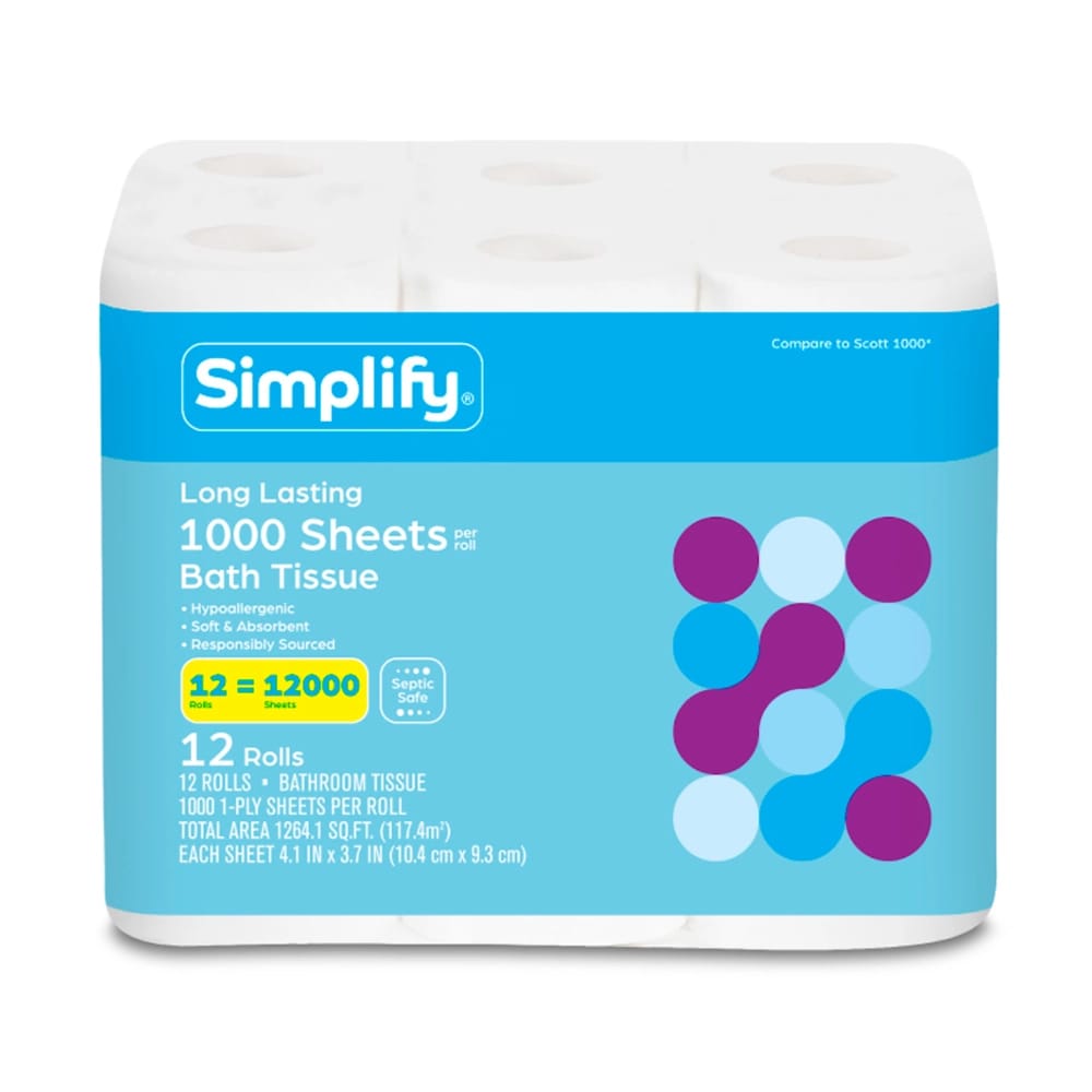 Simplify Long Lasting Bath Tissue, 1-Ply, 48 Rolls