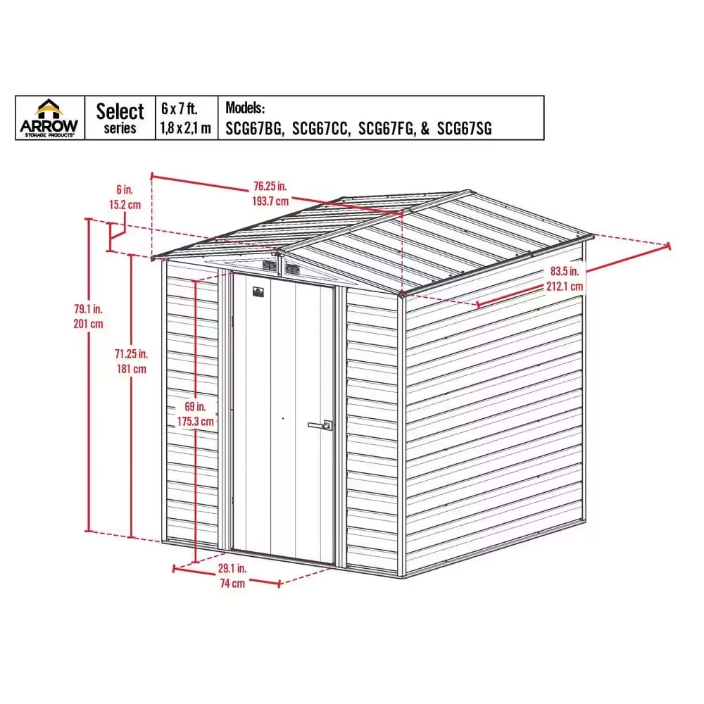 Arrow Select 6' x 7' Galvanized Steel Storage Shed, Sage Green
