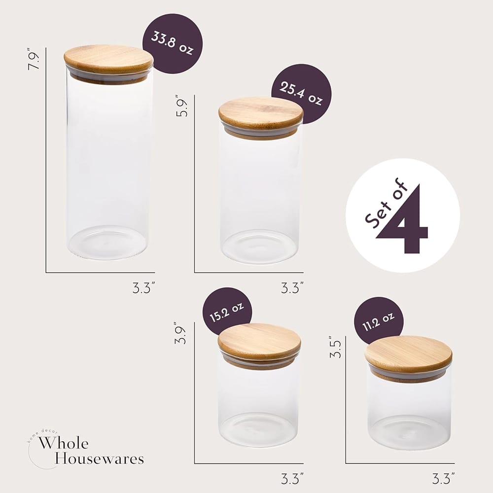 Whole Housewares Glass Jars with Bamboo Lids, 4 Pack