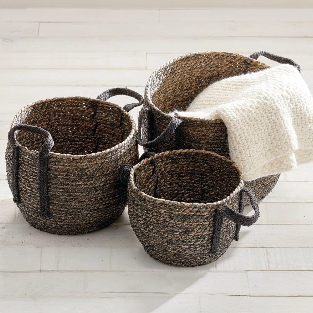 mDesign Round Woven Braided Rope Seagrass Basket, Black, 3 Pack