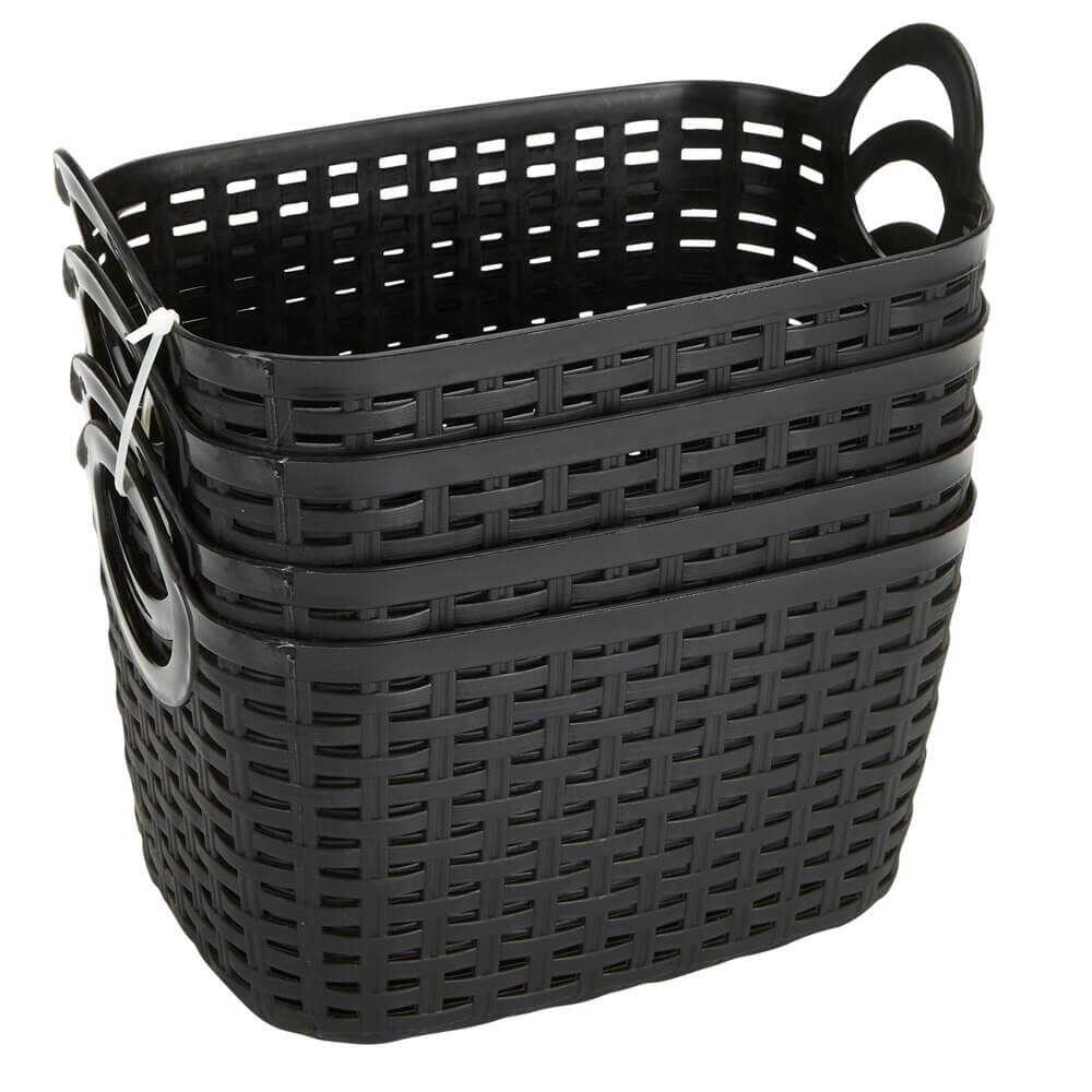 Small Plastic Black Storage Baskets with Handles, 4-Count