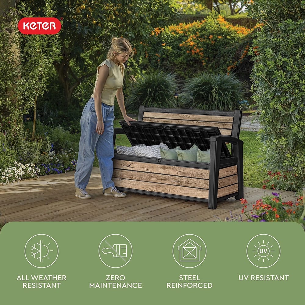 Keter 60-Gallon Resin Outdoor Storage Bench, Pine