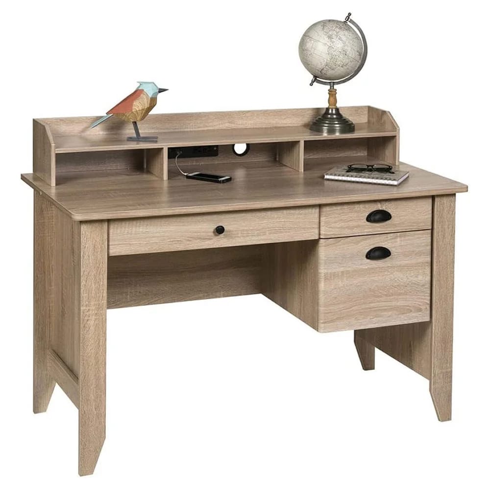 OneSpace Executive Desk with Hutch and USB Charger Hub, Light Oak