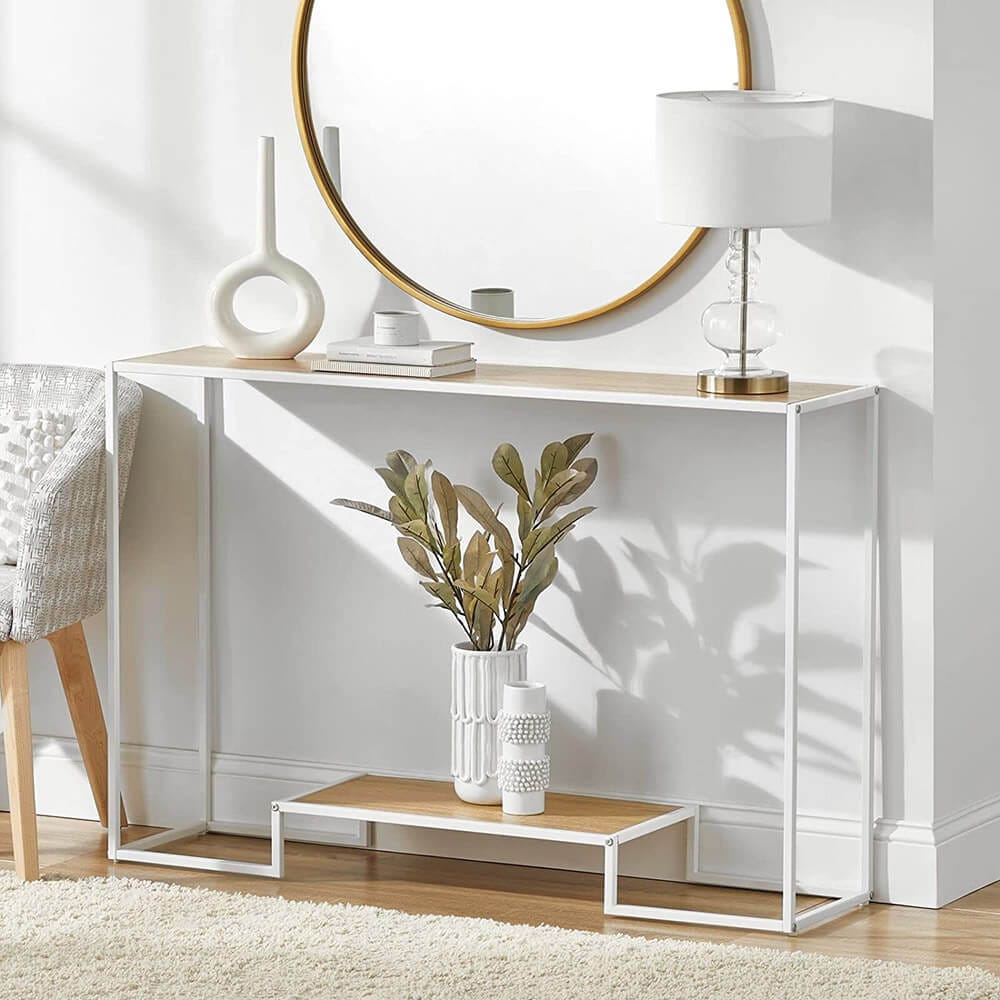 mDesign Modern Wood Inlay Console Table with Bottom Shelf, White/Modern Oak