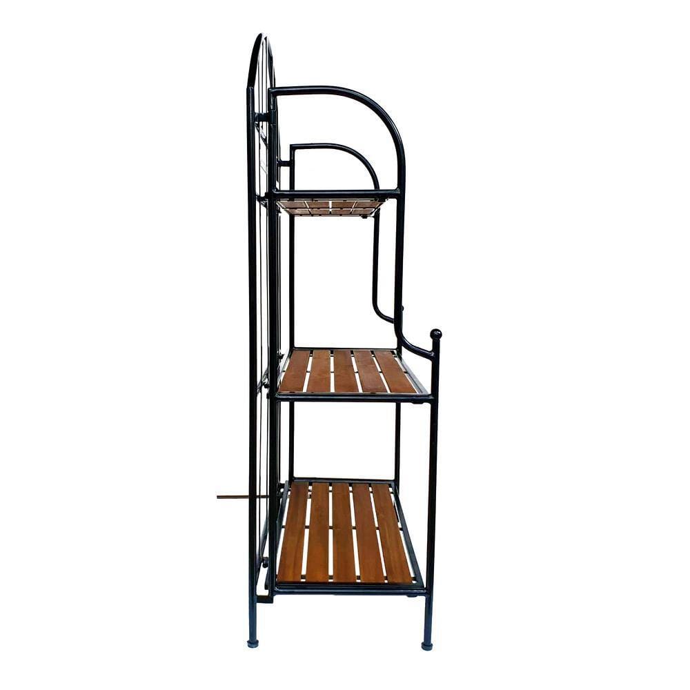 TK Classics 3-Tier Outdoor Folding Metal Plant Stand with Acacia Shelves