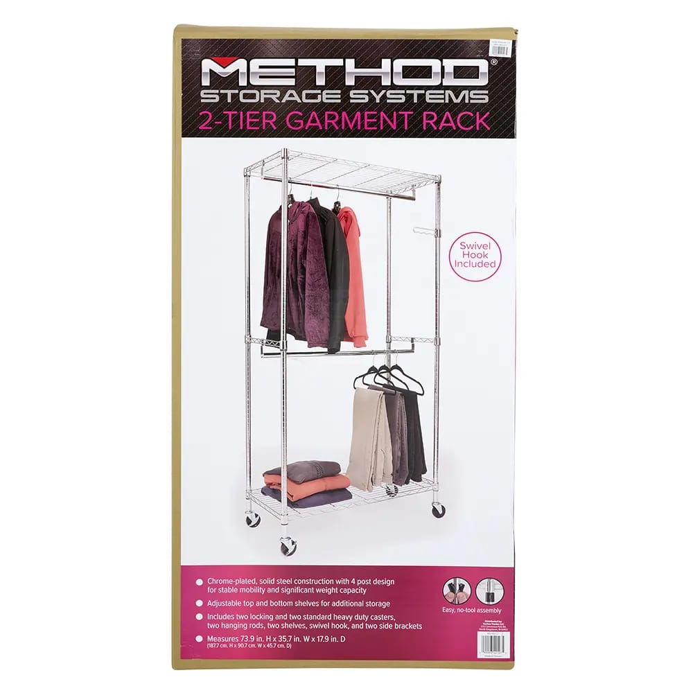 Method Storage Systems 2-Tier Garment Rack, Chrome, 35.7" W x 28" D x 74" H