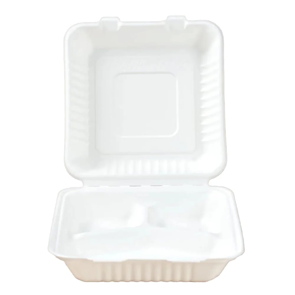 Ecoware Biodegradable 8" 3-Compartment Clamshell Container, 100 Count