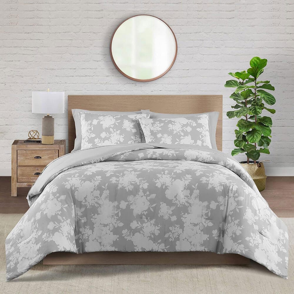 WellBeing by Sunham Luxurious Blend 3-Piece Floral Printed Comforter Set, King, Gray