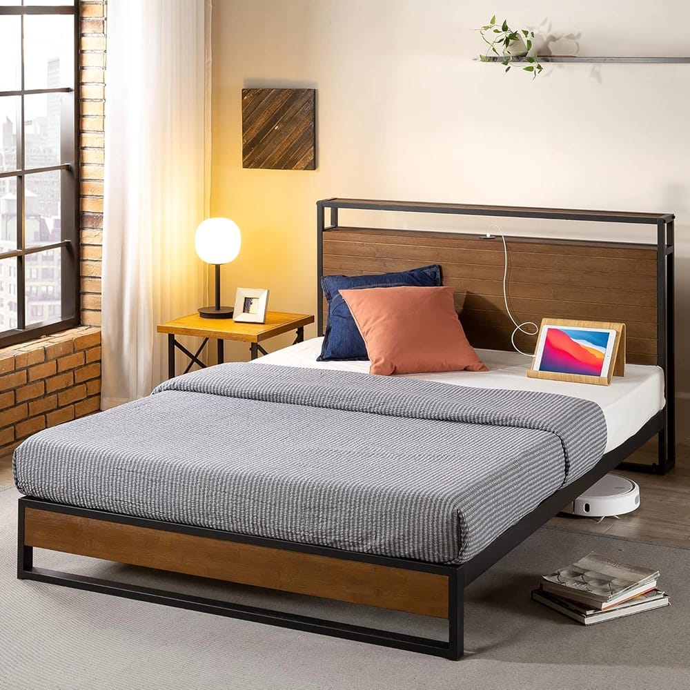Zinus Suzanne Platform Bed with Headboard Shelf, King, Brown/Black