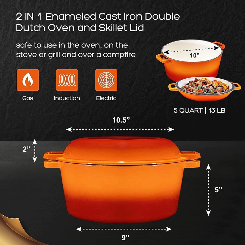 Bruntmor 2-in-1 5-Quart Enamel Cast Iron Double Dutch Oven Set, Pumpkin Spice