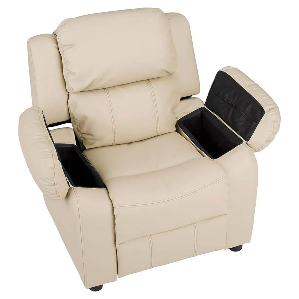 Faux Leather Youth Recliner with Armrest Storage, Beige