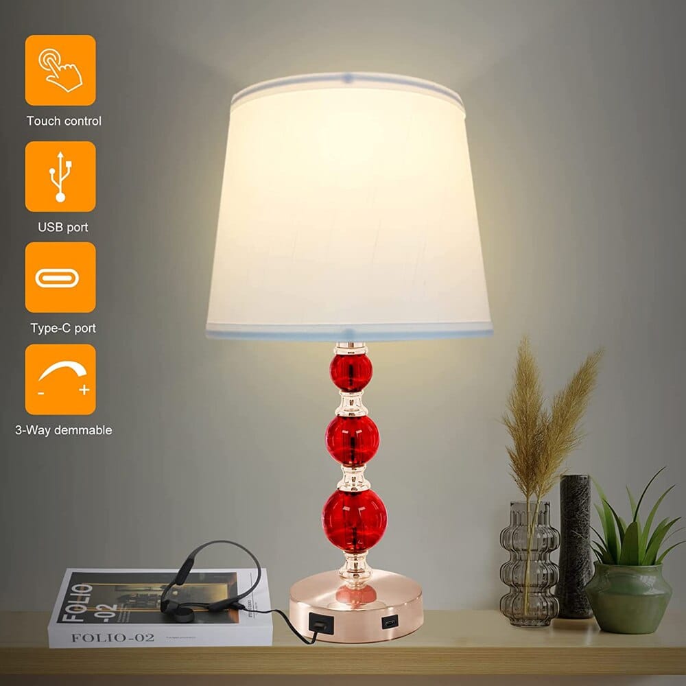 Retro Crystal Table Lamp with USB Ports and 3-Way Dimmable Touch Control, Set of 2, Red