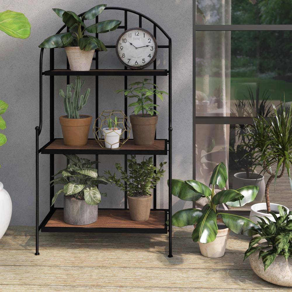 TK Classics 3-Tier Outdoor Folding Metal Plant Stand with Acacia Shelves