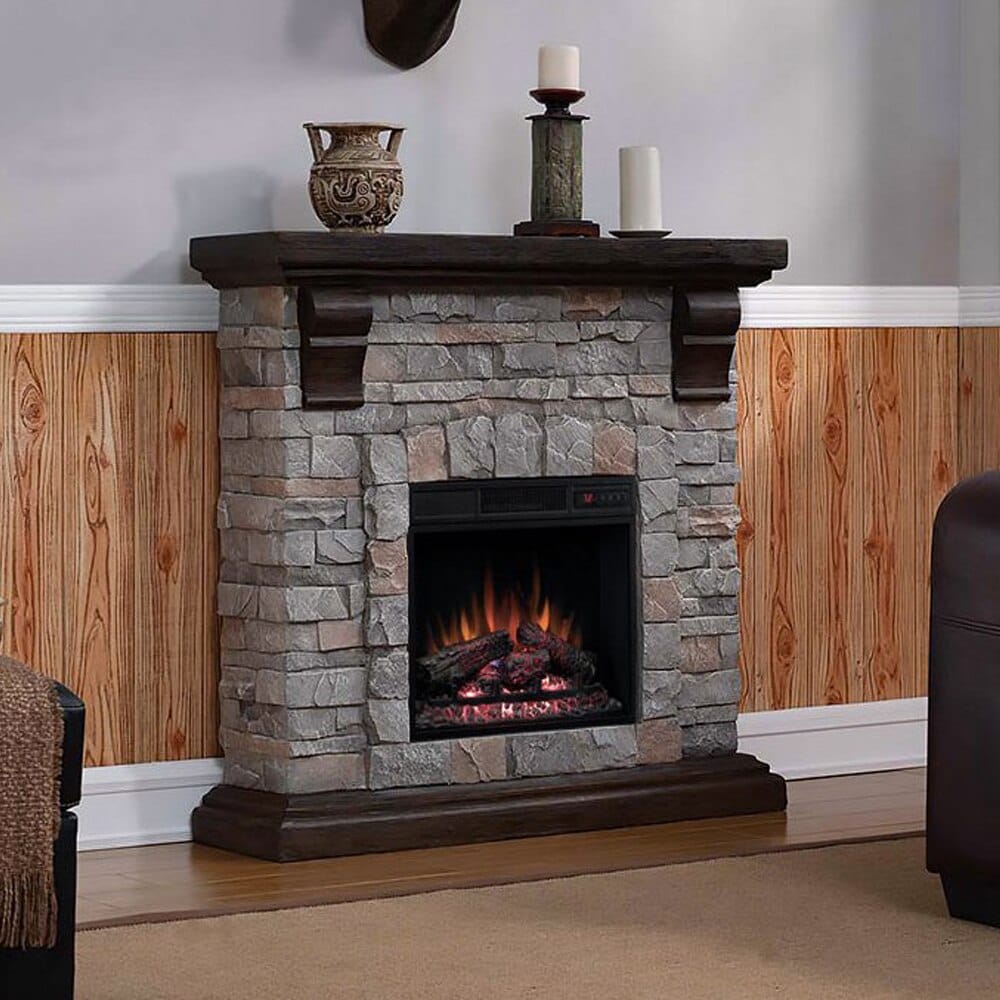 Twin Star Home Cast Stone Electric Fireplace Heater, Brushed Dark Pine