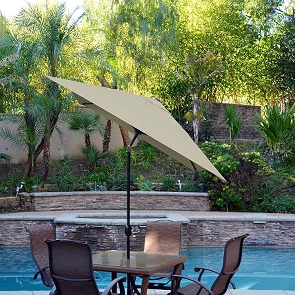 Jeco 6.5 x 10 Rectangular Aluminum Patio Umbrella with Tilt and Crank, Tan/Black