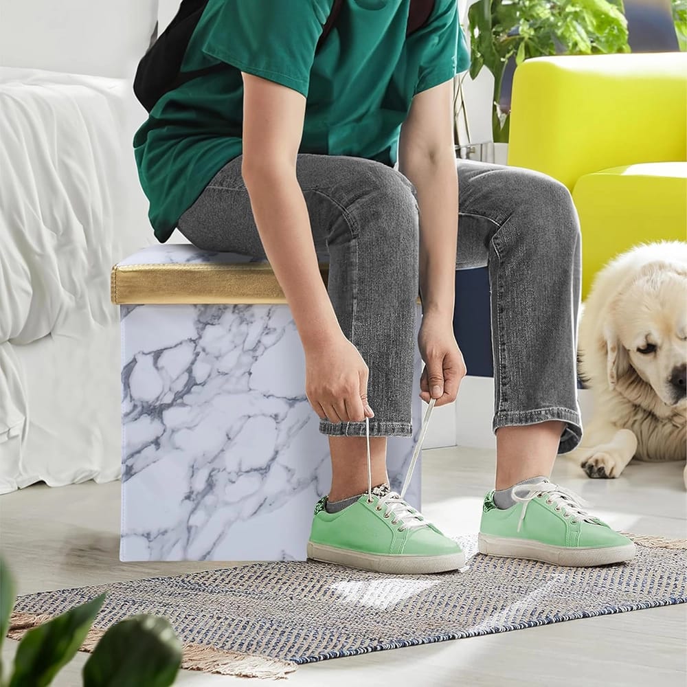 Storage Cube Stool, White Marble/ Gold