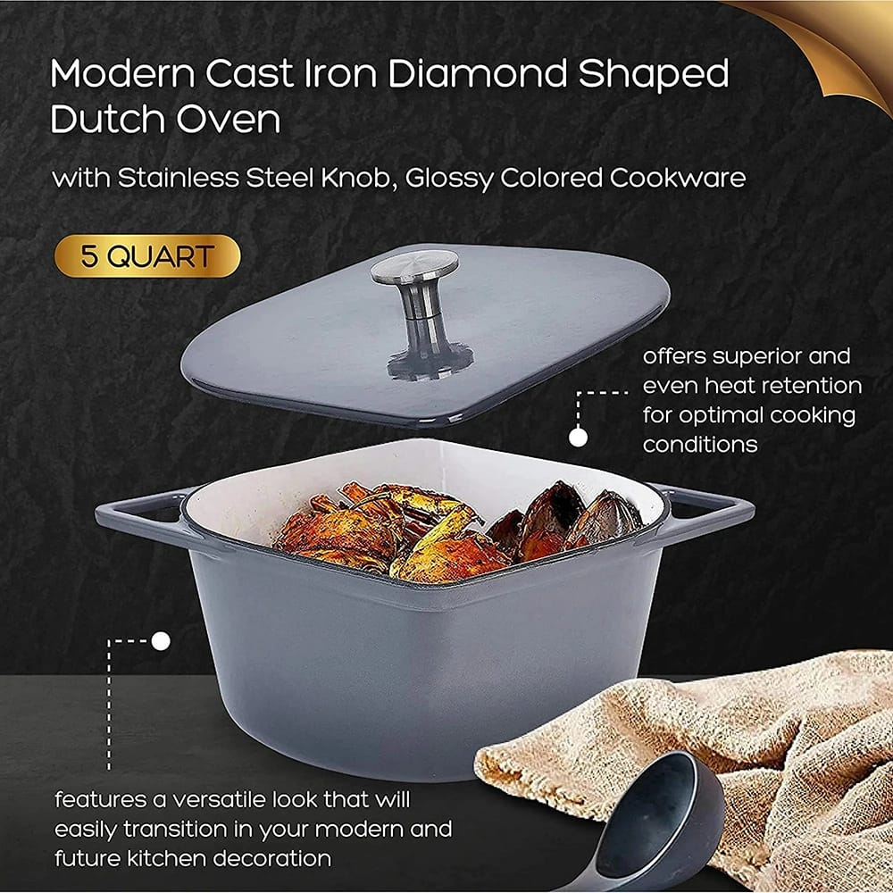 Bruntmor 5 Quart Iron Enameled Dutch Oven, Gray