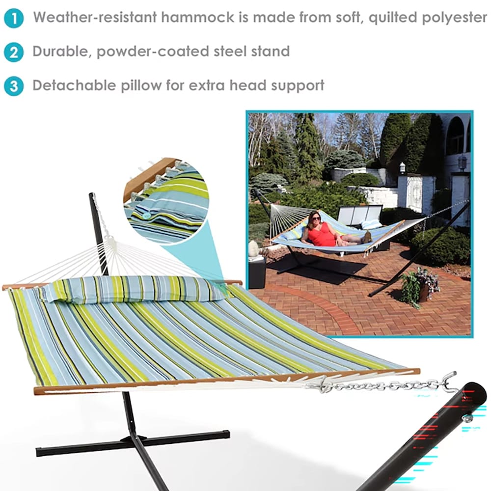 Sunnydaze 2-Person Outdoor Fabric Hammock with Stand, Blue/Green