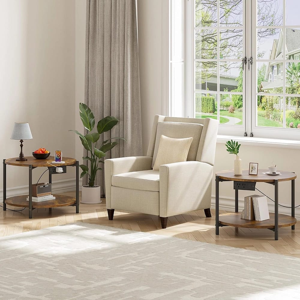 LIKIMIO 23.6" Double-Tiered Round End Tables with Charging Station, Brown, 2 Count