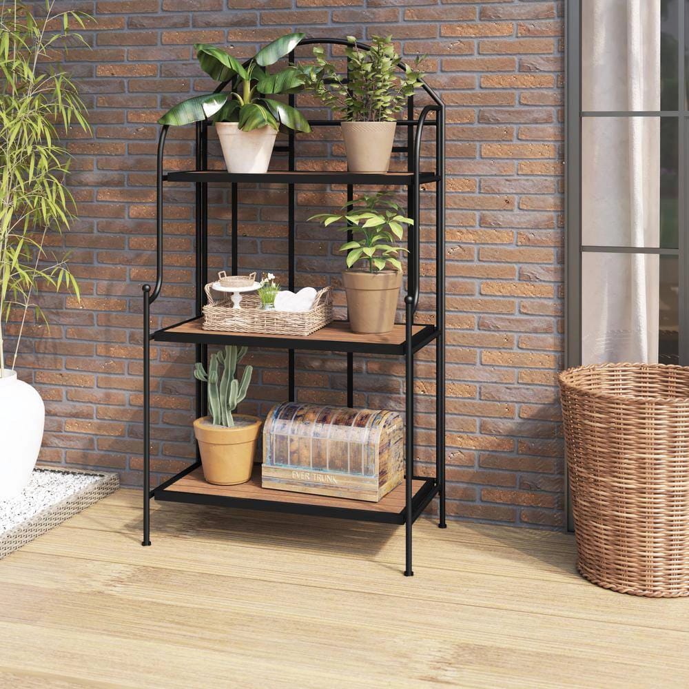TK Classics 3-Tier Outdoor Folding Metal Plant Stand with Acacia Shelves