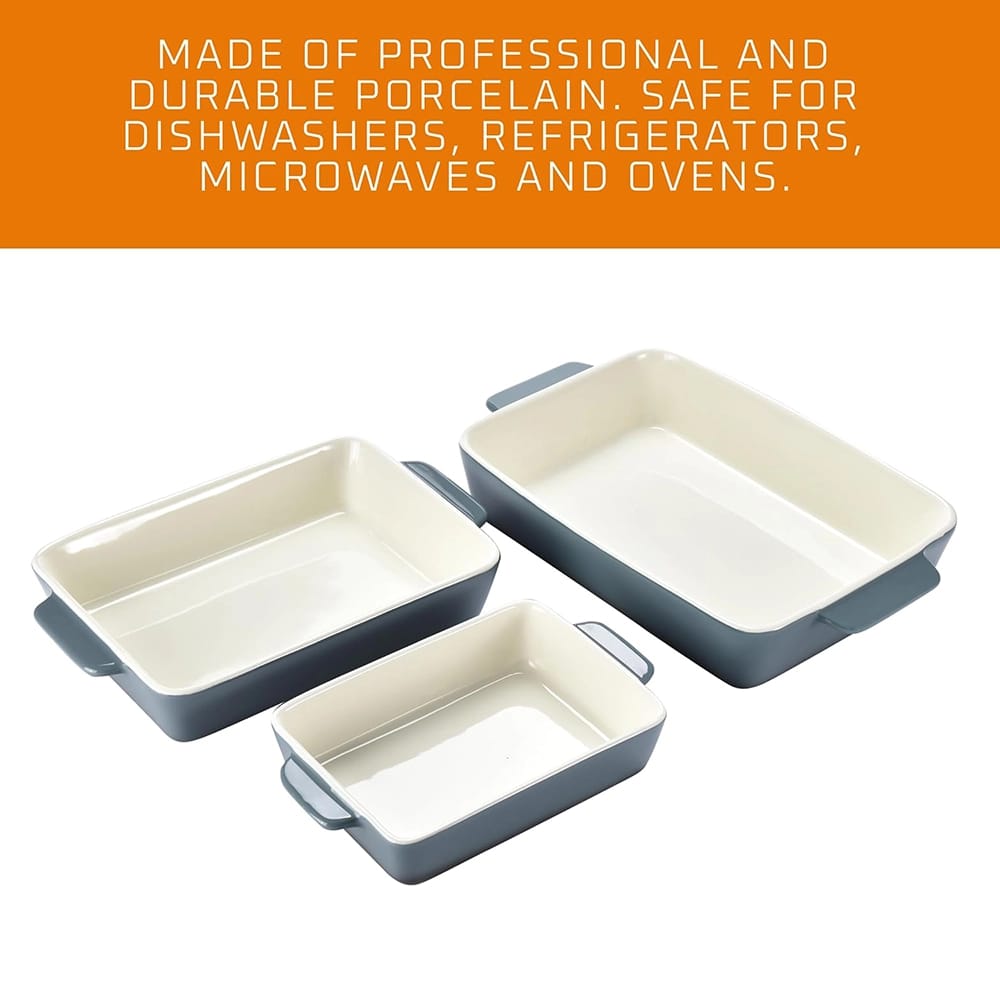 Bruntmor Porcelain Bakeware Set, 3 Pack, Gray