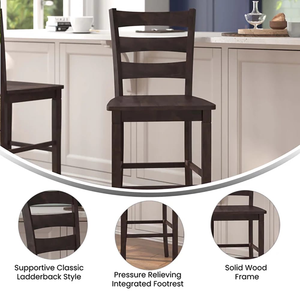 Commercial Grade Wooden Classic Ladderback Barstool, Set of 2, Gray