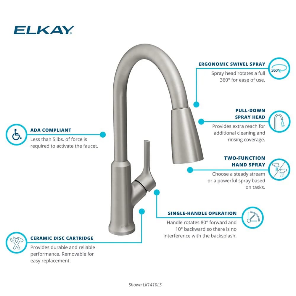 Elkay Single Hole Pull-Down Kitchen Faucet, Lustrous Steel