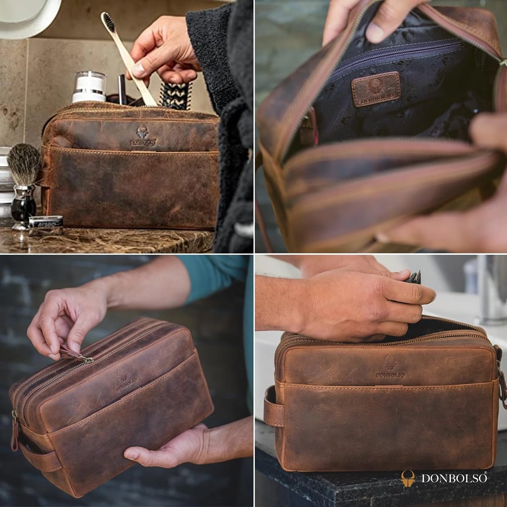 DONBOLSO Leather Toiletry Bag, Brown