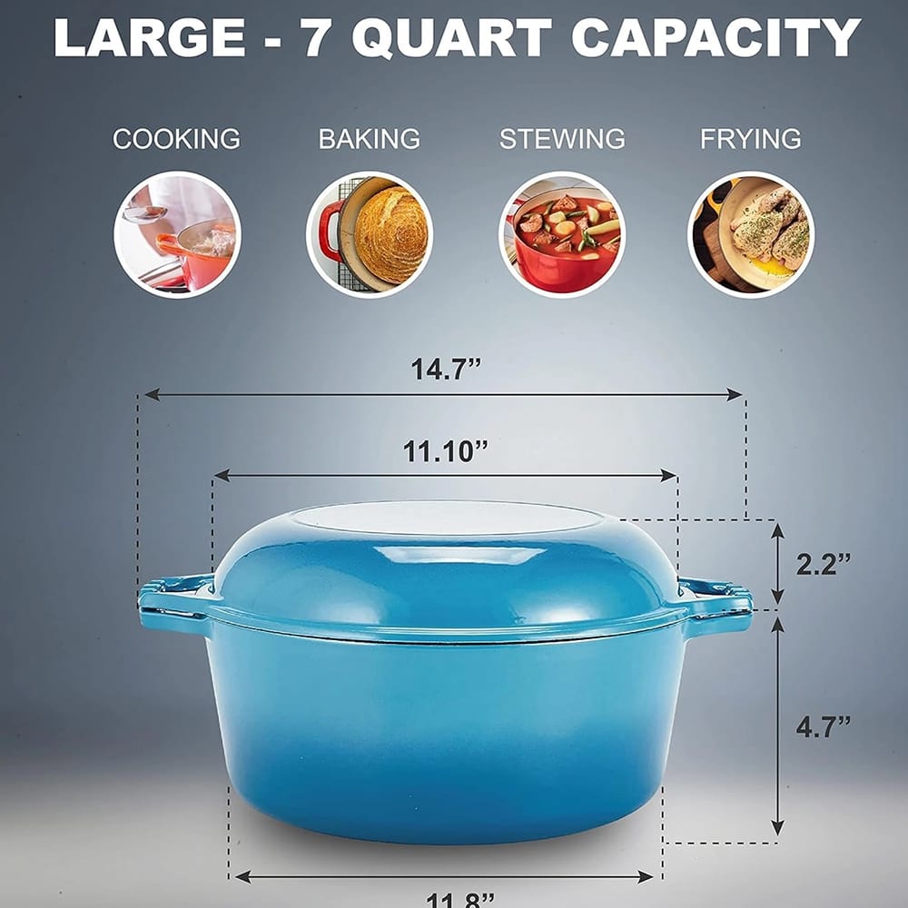 Bruntmor 7 Quart 2-in-1 Enamel Cast Iron Dutch Oven With Handles, Blue