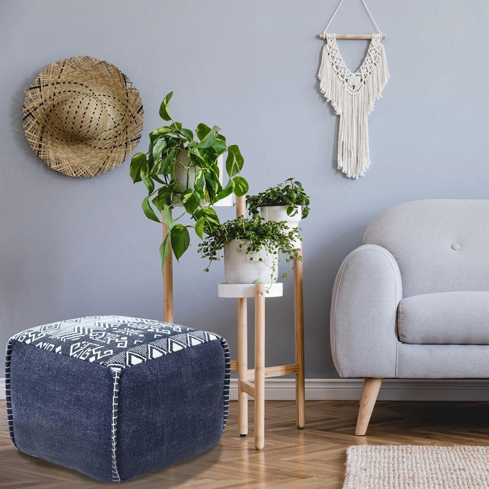 LR Home Decorative Geometric Pouf, Blue/White