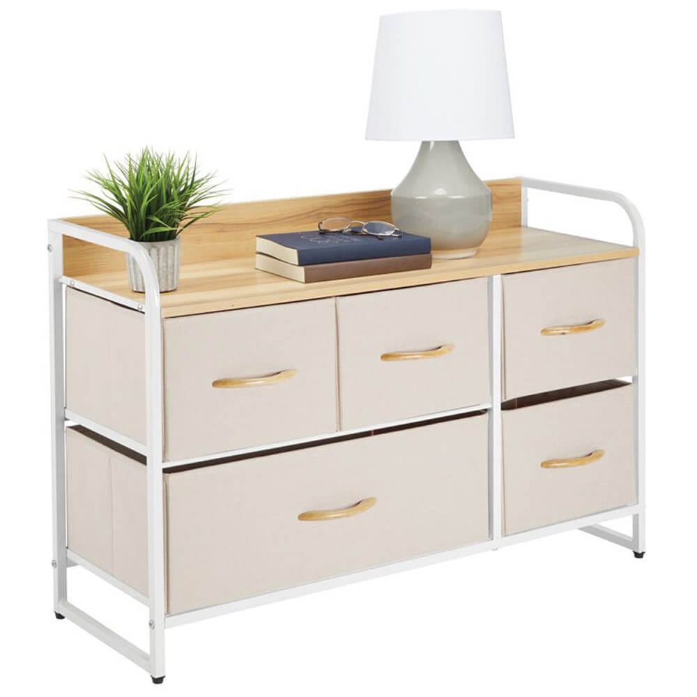 mDesign Wide Dresser with 5 Removable Fabric Drawers & Wood Top, Cream/White