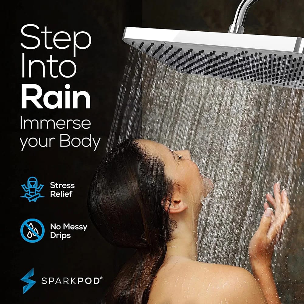 SparkPod 12" Rectangle Rain Shower Head, Chrome/White