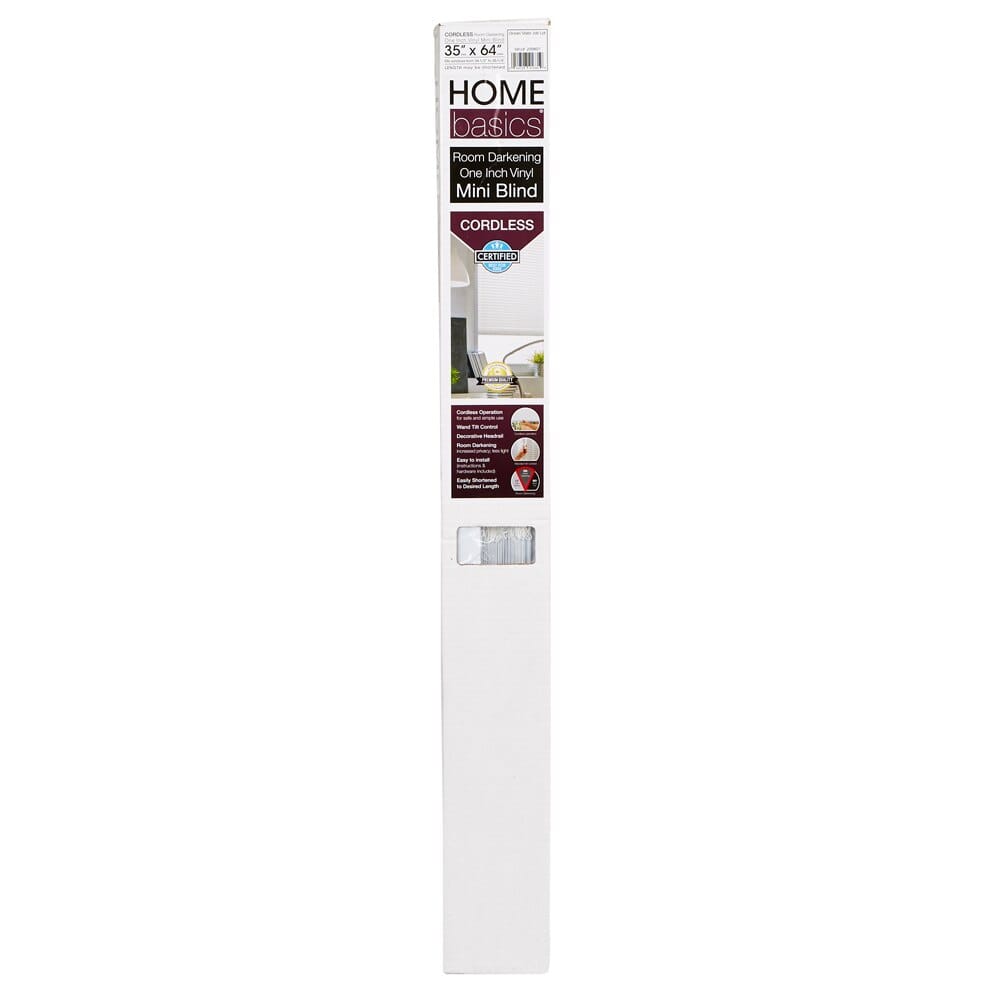 Home Basics Cordless Room Darkening Vinyl Mini Blinds, White, 35" x 64"